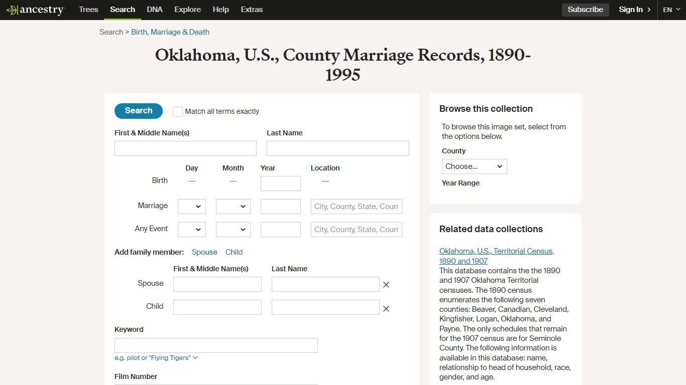 Oklahoma, U.S., County Marriage Records, 1890-1995 - Search